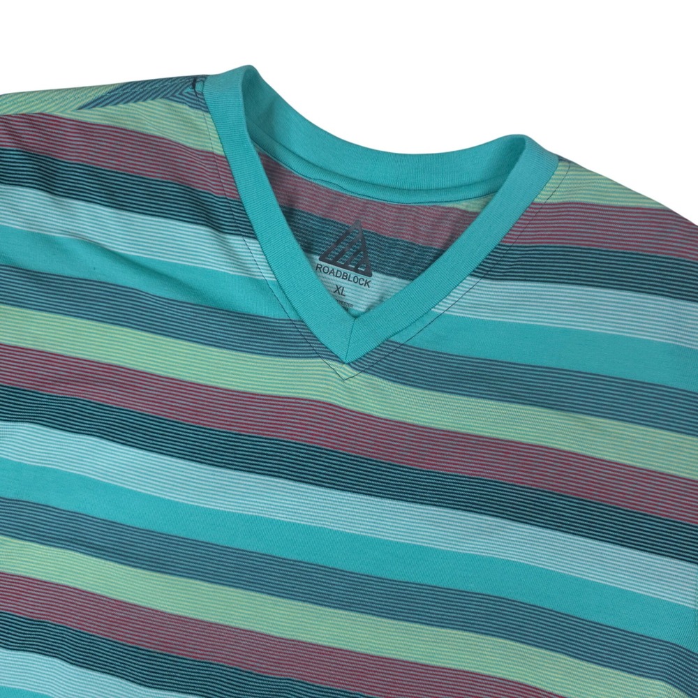 Roadblock Striped V-Neck T-Shirt Mens XL Teal Blue Green Polyester Sporty